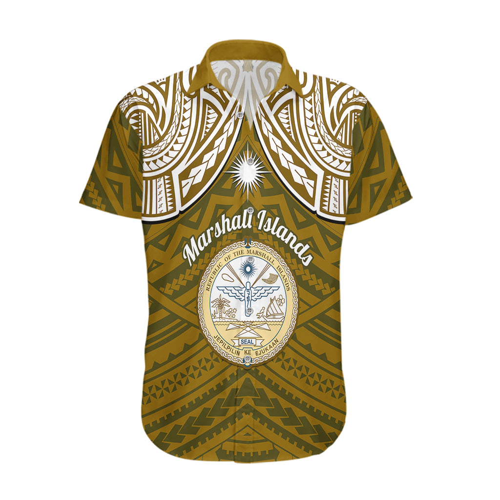 Personalised Marshall Islands Hawaiian Shirt Gold Polynesian Tribal Mix Coat Of Arms LT14 Gold - Polynesian Pride