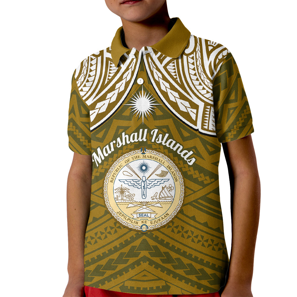 Personalised Marshall Islands Kid Polo Shirt Gold Polynesian Tribal Mix Coat Of Arms LT14 Kid Gold - Polynesian Pride