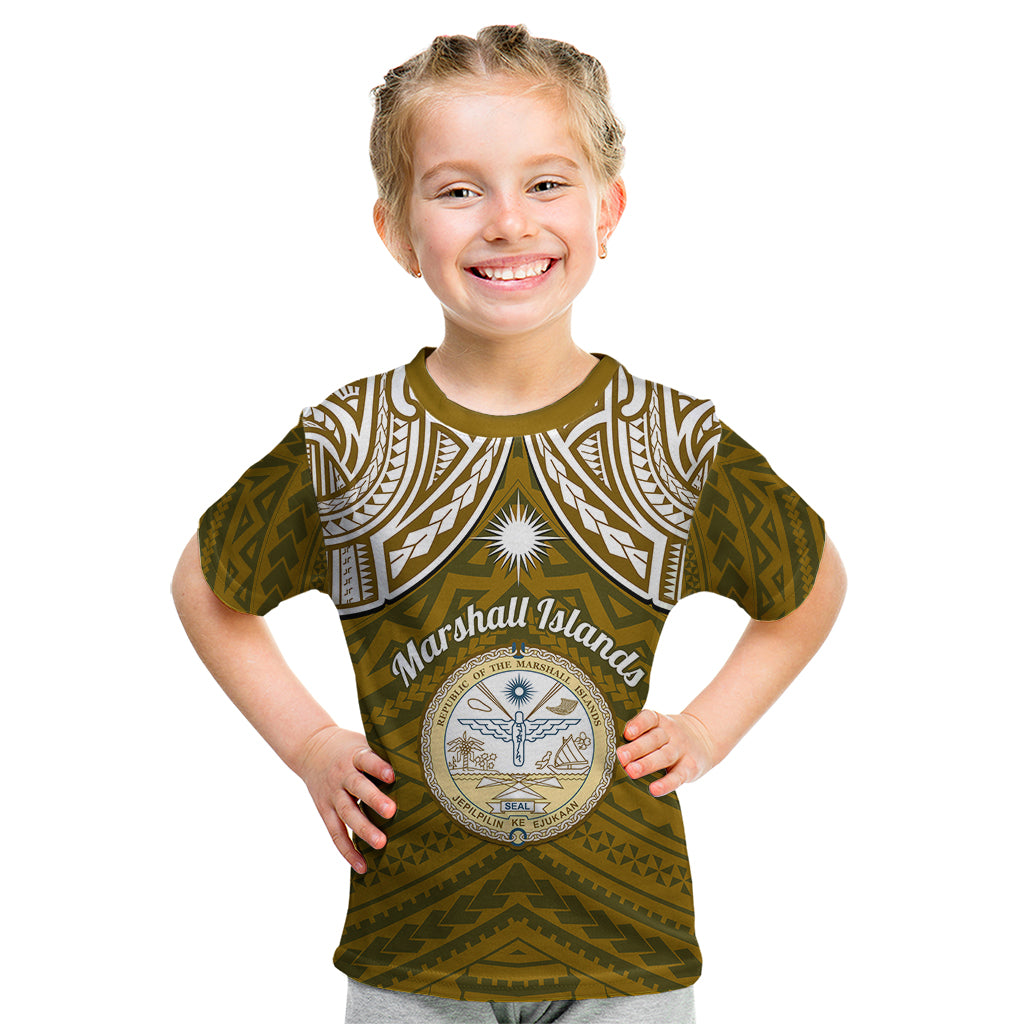 Personalised Marshall Islands Kid T Shirt Gold Polynesian Tribal Mix Coat Of Arms LT14 Gold - Polynesian Pride