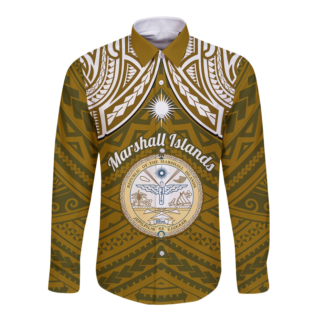 Personalised Marshall Islands Long Sleeve Button Shirt Gold Polynesian Tribal Mix Coat Of Arms LT14 Unisex Gold - Polynesian Pride