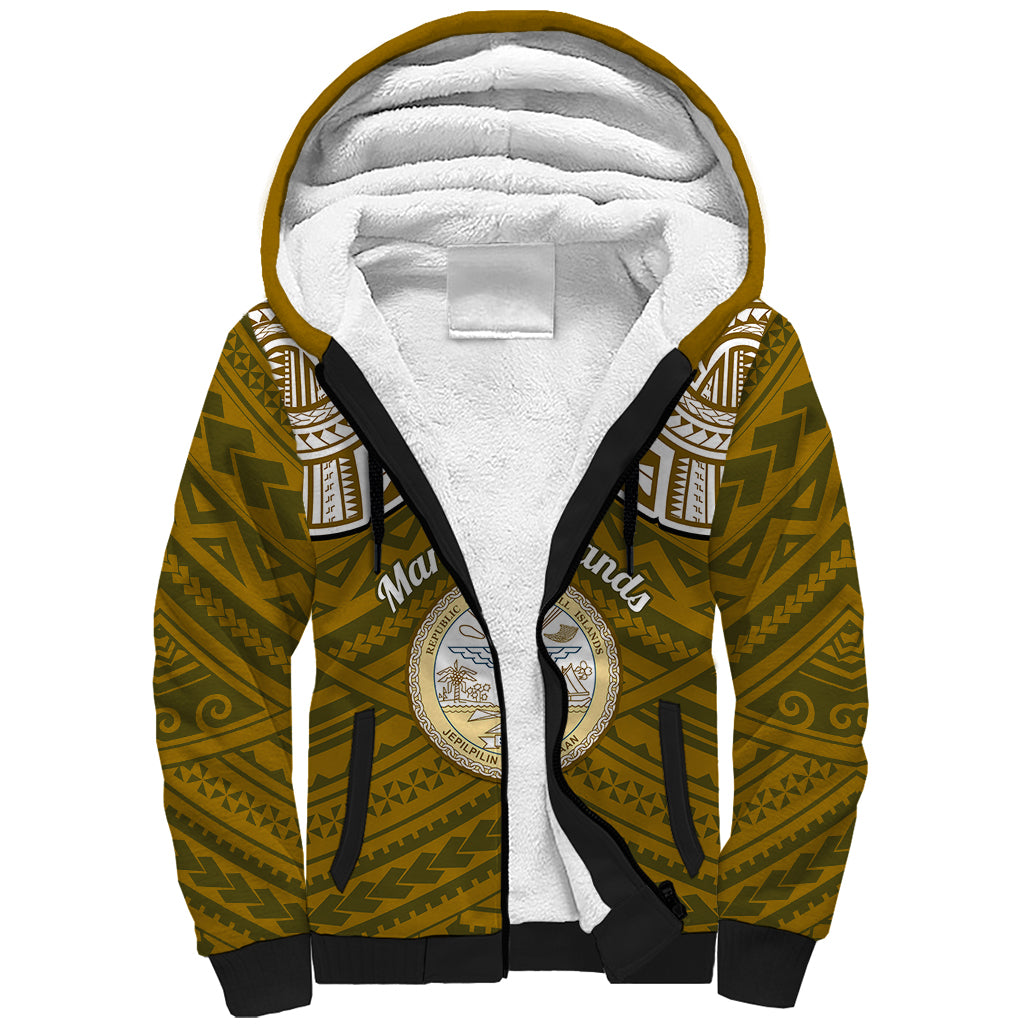 Personalised Marshall Islands Sherpa Hoodie Gold Polynesian Tribal Mix Coat Of Arms LT14 Unisex Gold - Polynesian Pride