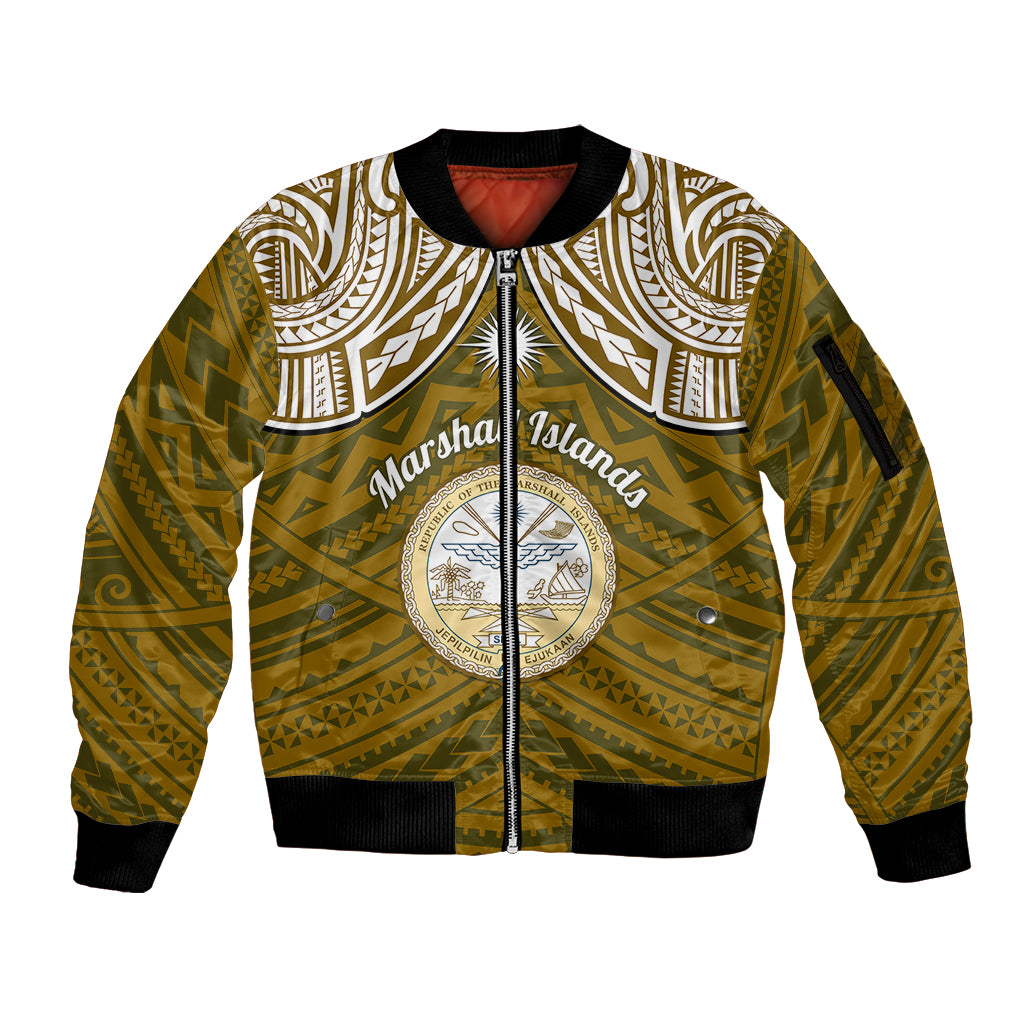 Personalised Marshall Islands Sleeve Zip Bomber Jacket Gold Polynesian Tribal Mix Coat Of Arms LT14 Unisex Gold - Polynesian Pride