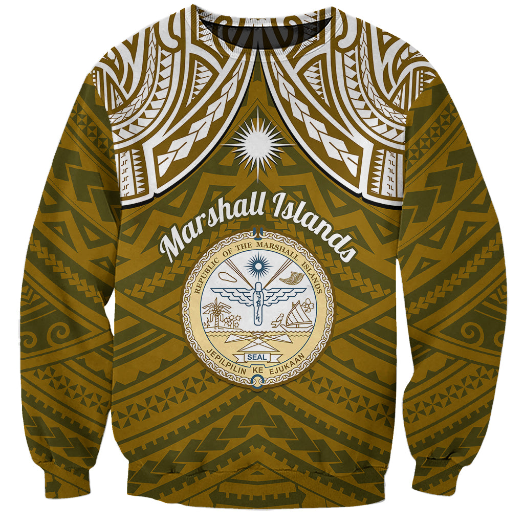 Personalised Marshall Islands Sweatshirt Gold Polynesian Tribal Mix Coat Of Arms LT14 Unisex Gold - Polynesian Pride