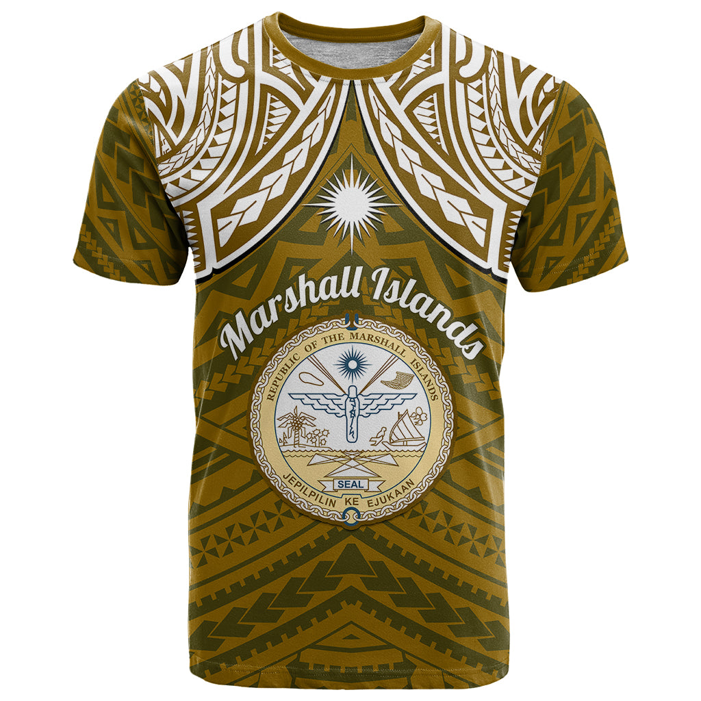 Custom Marshall Islands T Shirt Gold Polynesian Tribal Mix Coat Of Arms LT14 Gold - Polynesian Pride