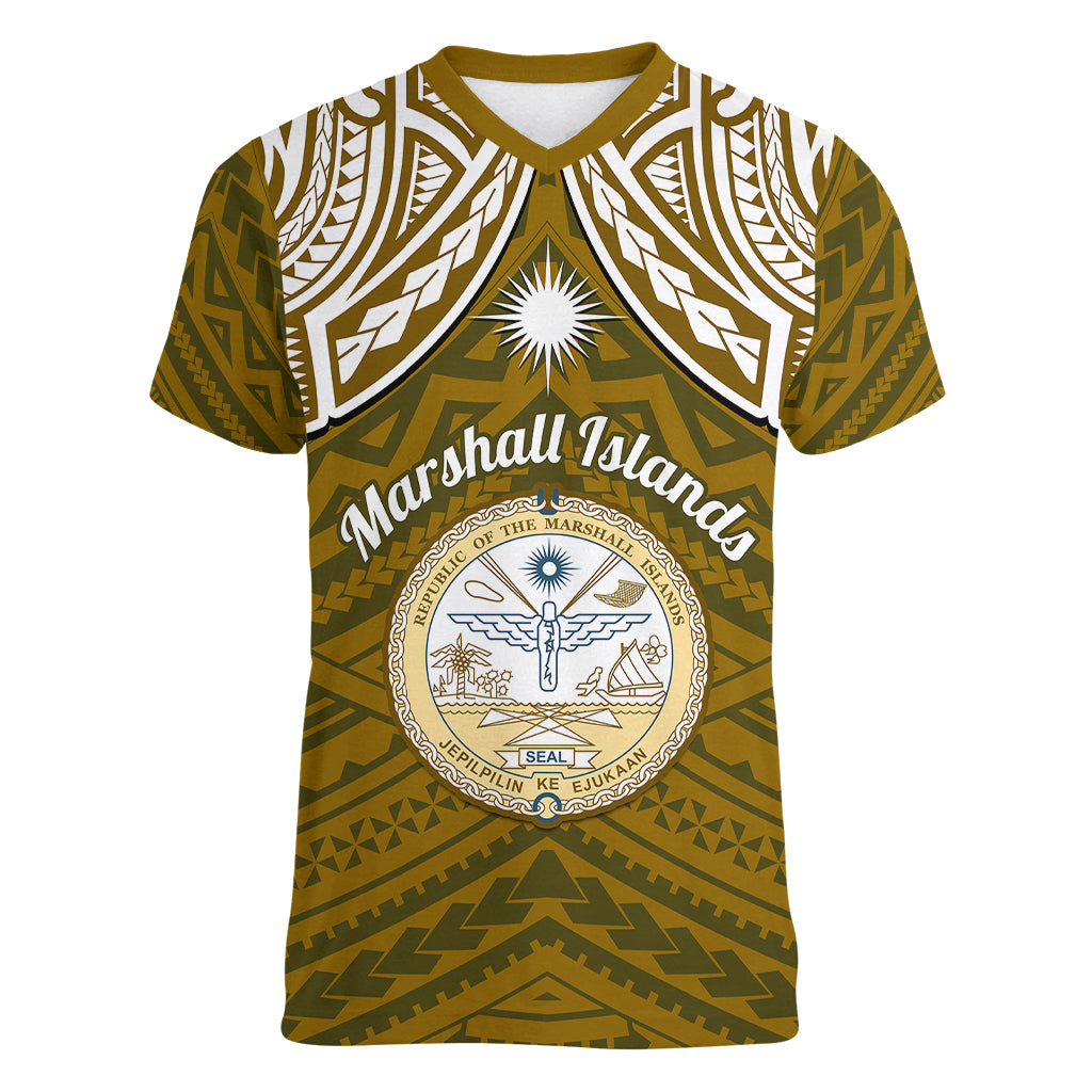 Personalised Marshall Islands Women V Neck T Shirt Gold Polynesian Tribal Mix Coat Of Arms LT14 Female Gold - Polynesian Pride