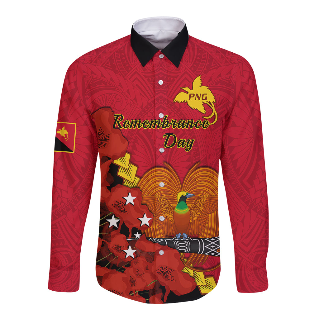 Polynesian Pride Remembrance Day PNG Long Sleeve Button Shirt Papua New Guinea We Will Remember Them LT14 Unisex Red - Polynesian Pride