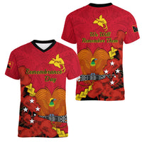 Polynesian Pride Remembrance Day PNG Women V Neck T Shirt Papua New Guinea We Will Remember Them LT14 - Polynesian Pride