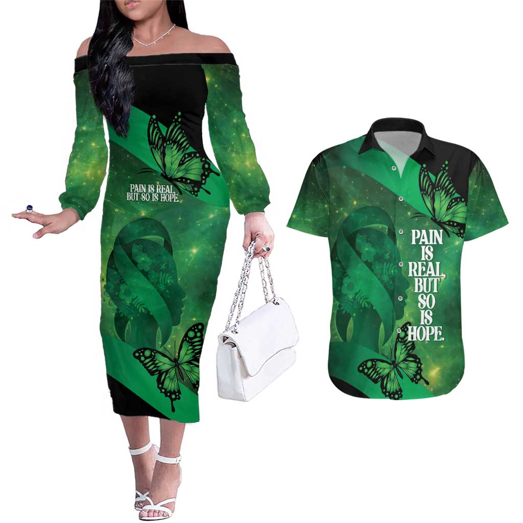 Personalised World Mental Health Awareness Month Couples Matching Off The Shoulder Long Sleeve Dress and Hawaiian Shirt Warriors Brave Strong Galaxy Vibes