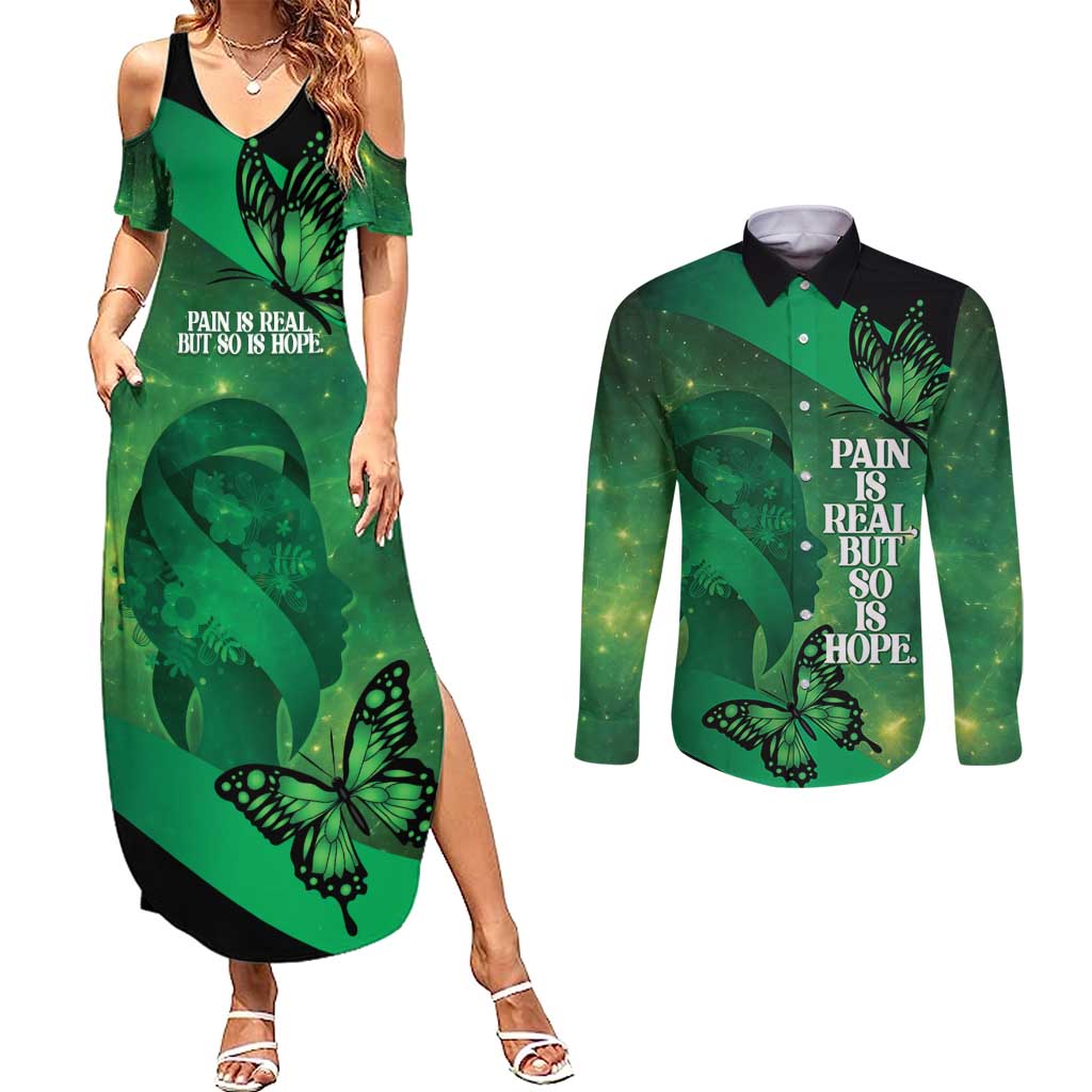 Personalised World Mental Health Awareness Month Couples Matching Summer Maxi Dress and Long Sleeve Button Shirt Warriors Brave Strong Galaxy Vibes