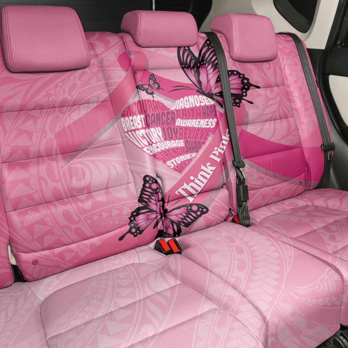 Polynesia Breast Cancer Awareness Month Back Car Seat Cover Pink Ribbon Mix Butterflies