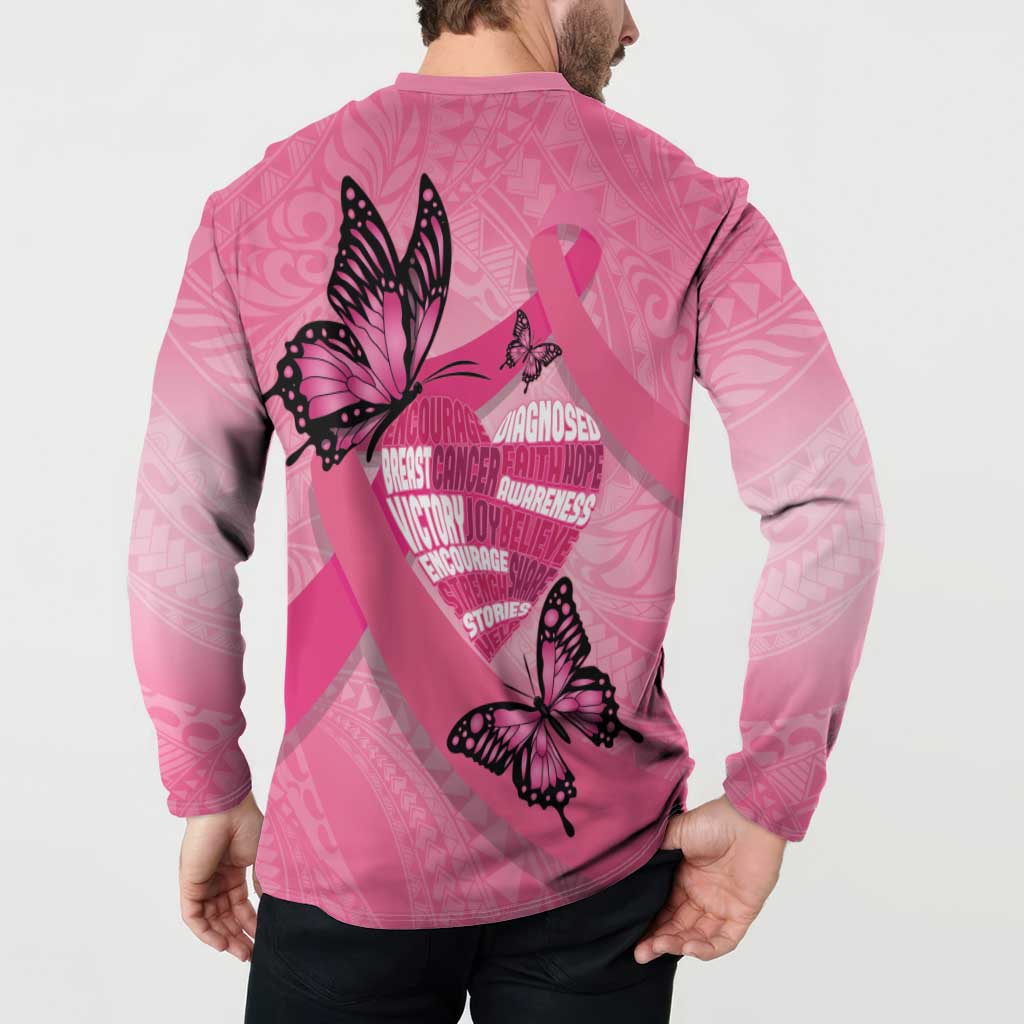 Polynesia Breast Cancer Awareness Month Button Sweatshirt Pink Ribbon Mix Butterflies