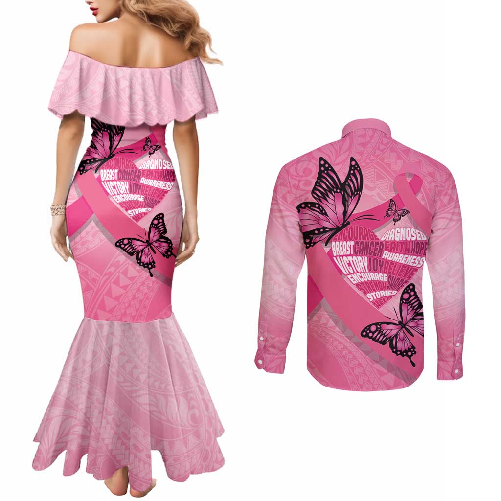 Polynesia Breast Cancer Awareness Month Couples Matching Mermaid Dress and Long Sleeve Button Shirt Pink Ribbon Mix Butterflies