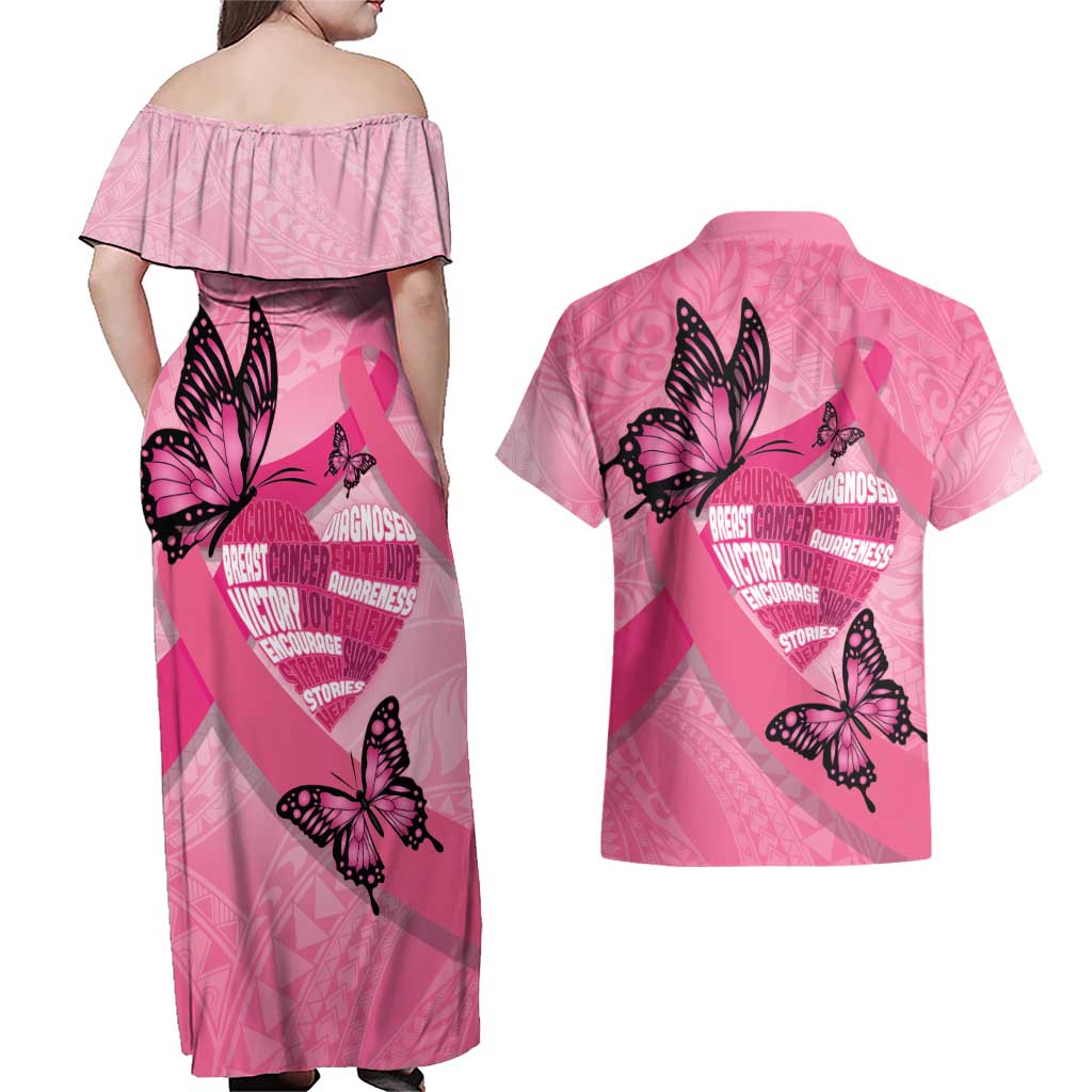 Polynesia Breast Cancer Awareness Month Couples Matching Off Shoulder Maxi Dress and Hawaiian Shirt Pink Ribbon Mix Butterflies