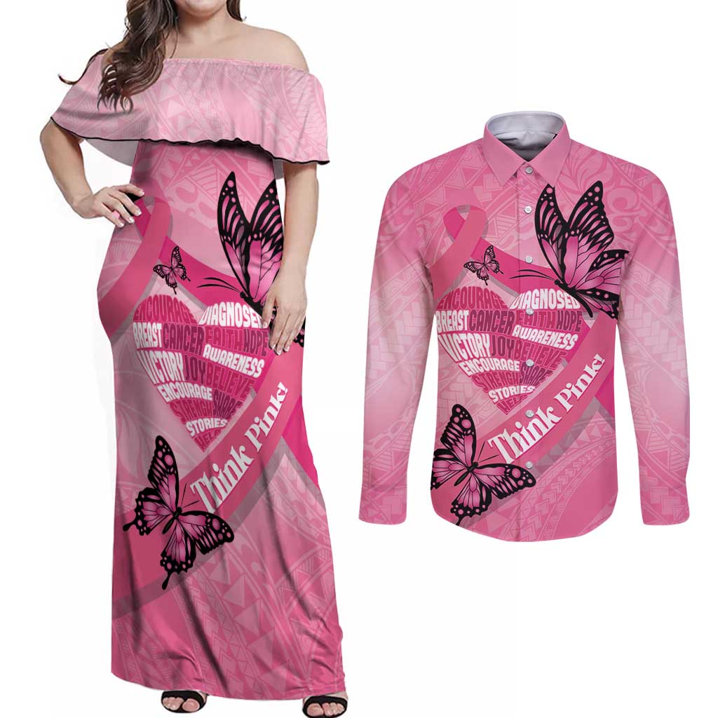 Polynesia Breast Cancer Awareness Month Couples Matching Off Shoulder Maxi Dress and Long Sleeve Button Shirt Pink Ribbon Mix Butterflies