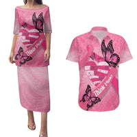 Polynesia Breast Cancer Awareness Month Couples Matching Puletasi and Hawaiian Shirt Pink Ribbon Mix Butterflies
