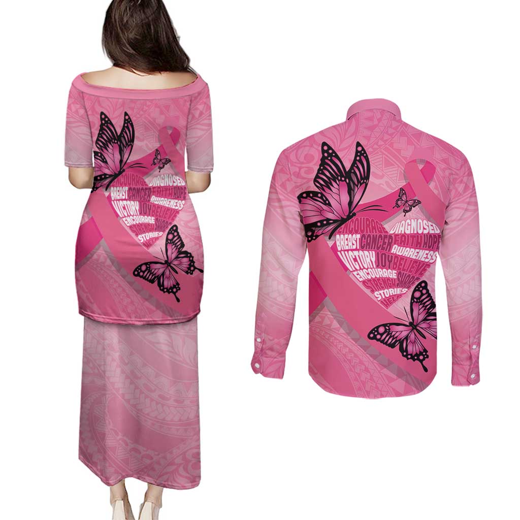 Polynesia Breast Cancer Awareness Month Couples Matching Puletasi and Long Sleeve Button Shirt Pink Ribbon Mix Butterflies