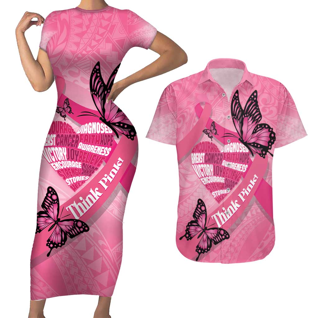 Polynesia Breast Cancer Awareness Month Couples Matching Short Sleeve Bodycon Dress and Hawaiian Shirt Pink Ribbon Mix Butterflies