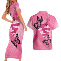 Polynesia Breast Cancer Awareness Month Couples Matching Short Sleeve Bodycon Dress and Hawaiian Shirt Pink Ribbon Mix Butterflies