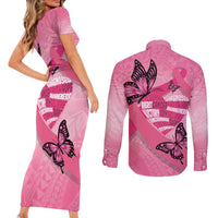 Polynesia Breast Cancer Awareness Month Couples Matching Short Sleeve Bodycon Dress and Long Sleeve Button Shirt Pink Ribbon Mix Butterflies