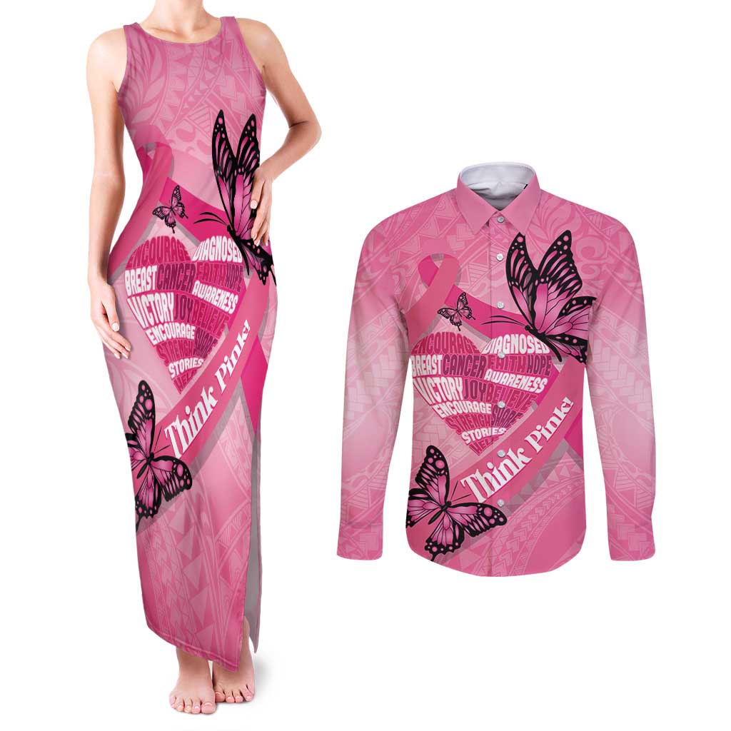Polynesia Breast Cancer Awareness Month Couples Matching Tank Maxi Dress and Long Sleeve Button Shirt Pink Ribbon Mix Butterflies