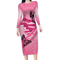 Polynesia Breast Cancer Awareness Month Family Matching Long Sleeve Bodycon Dress and Hawaiian Shirt Pink Ribbon Mix Butterflies