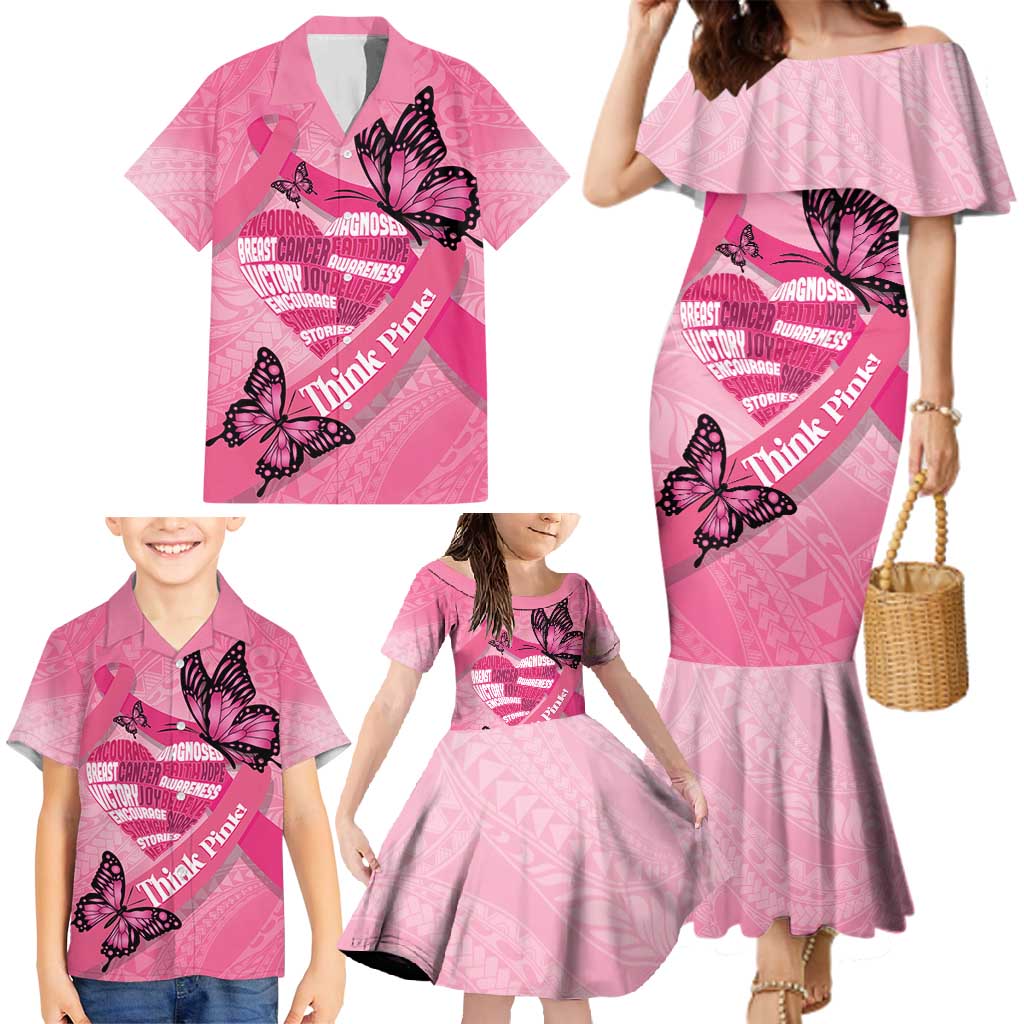 Polynesia Breast Cancer Awareness Month Family Matching Mermaid Dress and Hawaiian Shirt Pink Ribbon Mix Butterflies