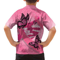 Polynesia Breast Cancer Awareness Month Family Matching Off Shoulder Short Dress and Hawaiian Shirt Pink Ribbon Mix Butterflies