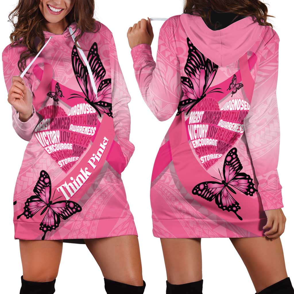 Polynesia Breast Cancer Awareness Month Hoodie Dress Pink Ribbon Mix Butterflies