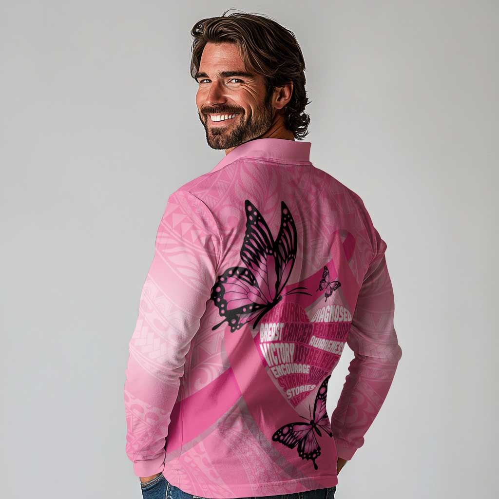 Polynesia Breast Cancer Awareness Month Long Sleeve Polo Shirt Pink Ribbon Mix Butterflies