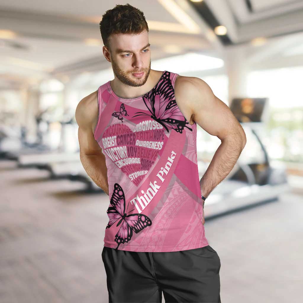 Polynesia Breast Cancer Awareness Month Men Tank Top Pink Ribbon Mix Butterflies