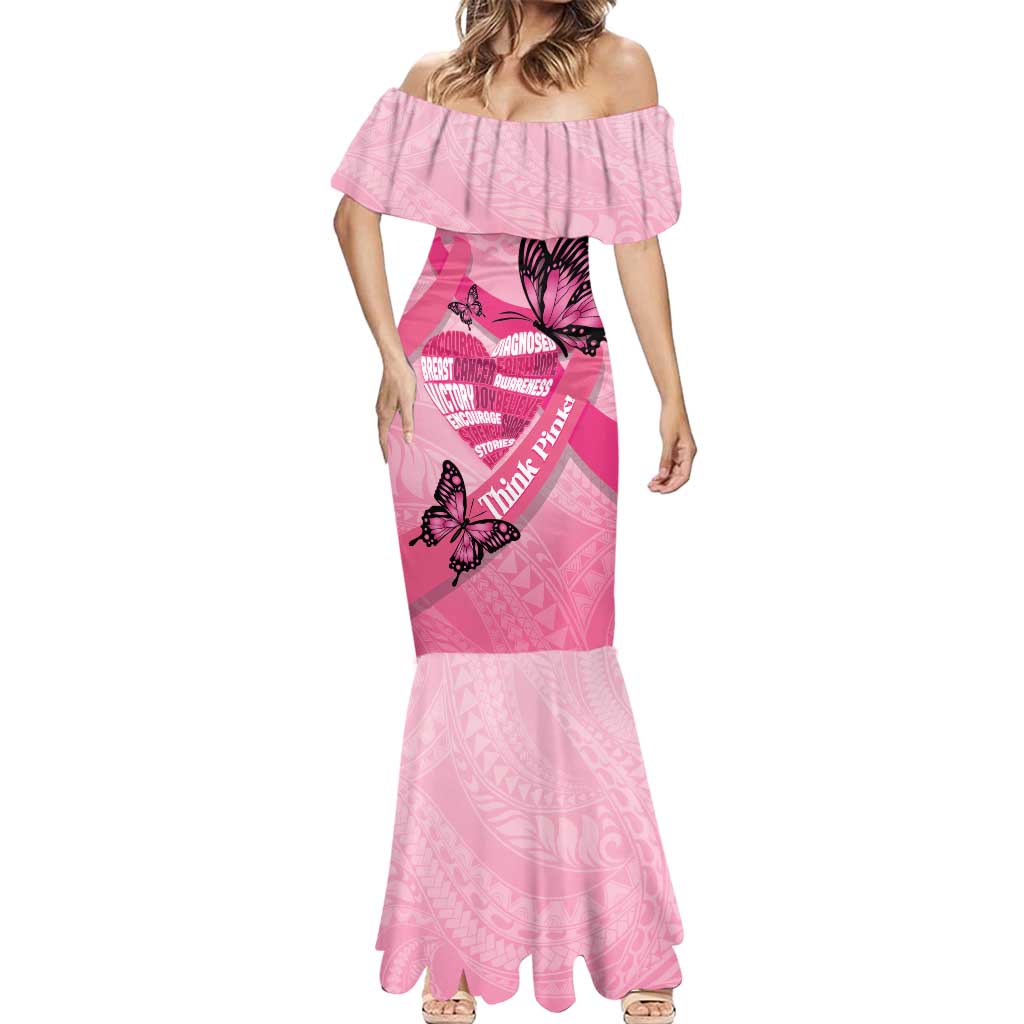 Polynesia Breast Cancer Awareness Month Mermaid Dress Pink Ribbon Mix Butterflies
