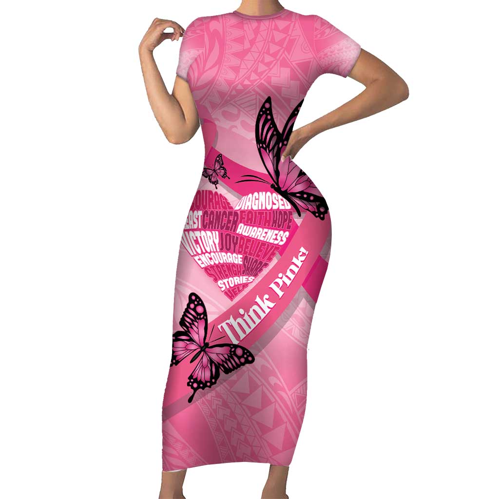 Polynesia Breast Cancer Awareness Month Short Sleeve Bodycon Dress Pink Ribbon Mix Butterflies