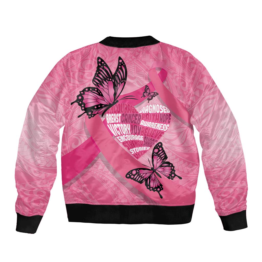 Polynesia Breast Cancer Awareness Month Sleeve Zip Bomber Jacket Pink Ribbon Mix Butterflies