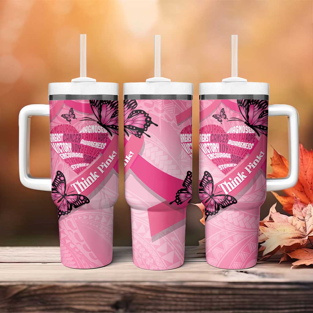 Polynesia Breast Cancer Awareness Month Tumbler With Handle Pink Ribbon Mix Butterflies