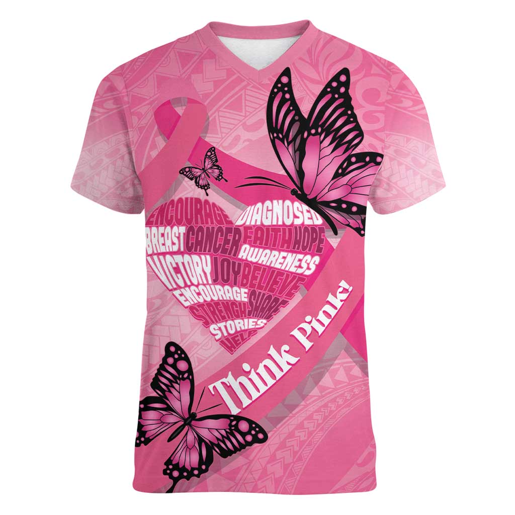 Polynesia Breast Cancer Awareness Month Women V-Neck T-Shirt Pink Ribbon Mix Butterflies