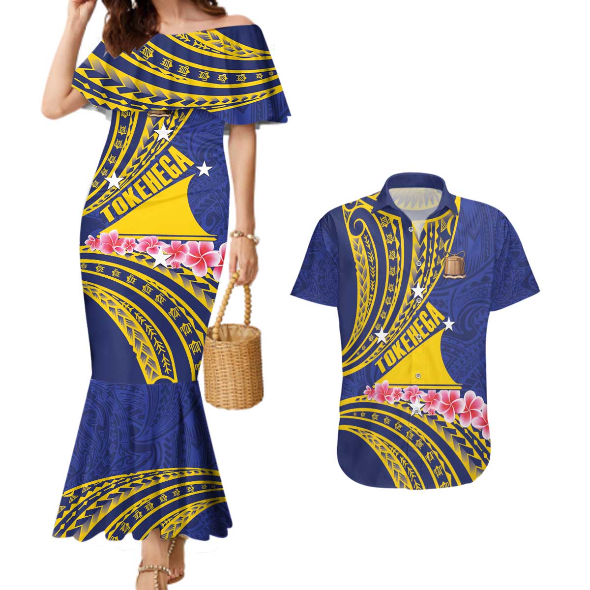 Personalised Tokelau Tokehega Day Couples Matching Mermaid Dress and Hawaiian Shirt Tokelauan Tatau Flag Color LT14 Blue - Polynesian Pride