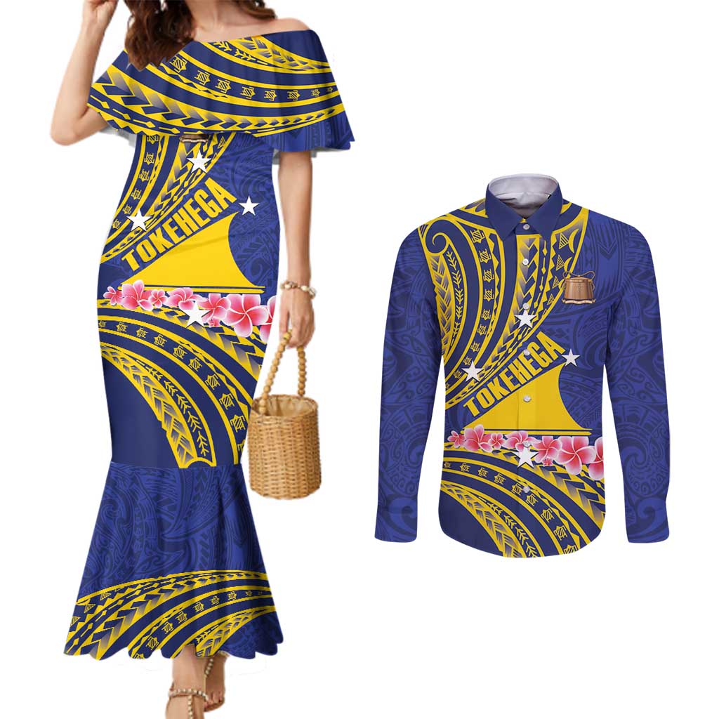 Personalised Tokelau Tokehega Day Couples Matching Mermaid Dress and Long Sleeve Button Shirt Tokelauan Tatau Flag Color - Polynesian Pride