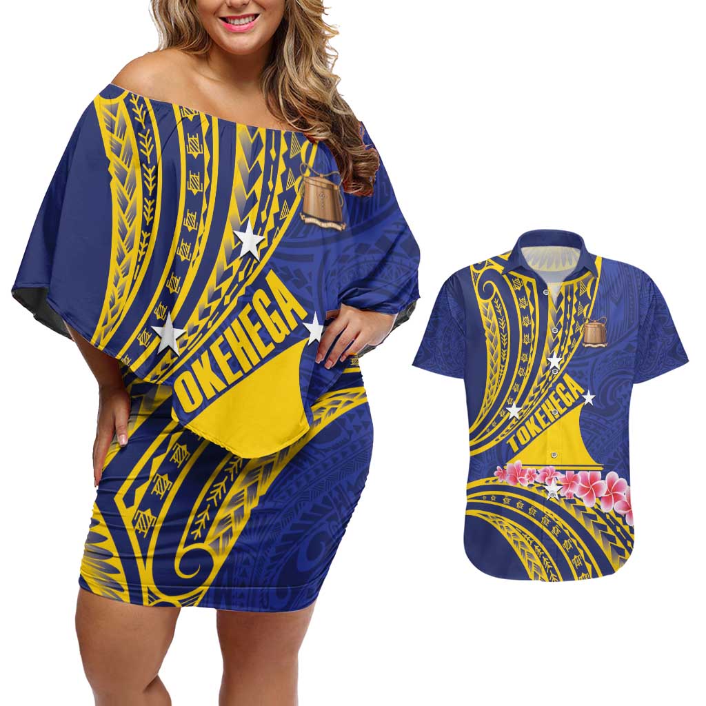 Personalised Tokelau Tokehega Day Couples Matching Off Shoulder Short Dress and Hawaiian Shirt Tokelauan Tatau Flag Color LT14 Blue - Polynesian Pride