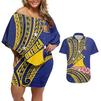 Personalised Tokelau Tokehega Day Couples Matching Off Shoulder Short Dress and Hawaiian Shirt Tokelauan Tatau Flag Color LT14 Blue - Polynesian Pride