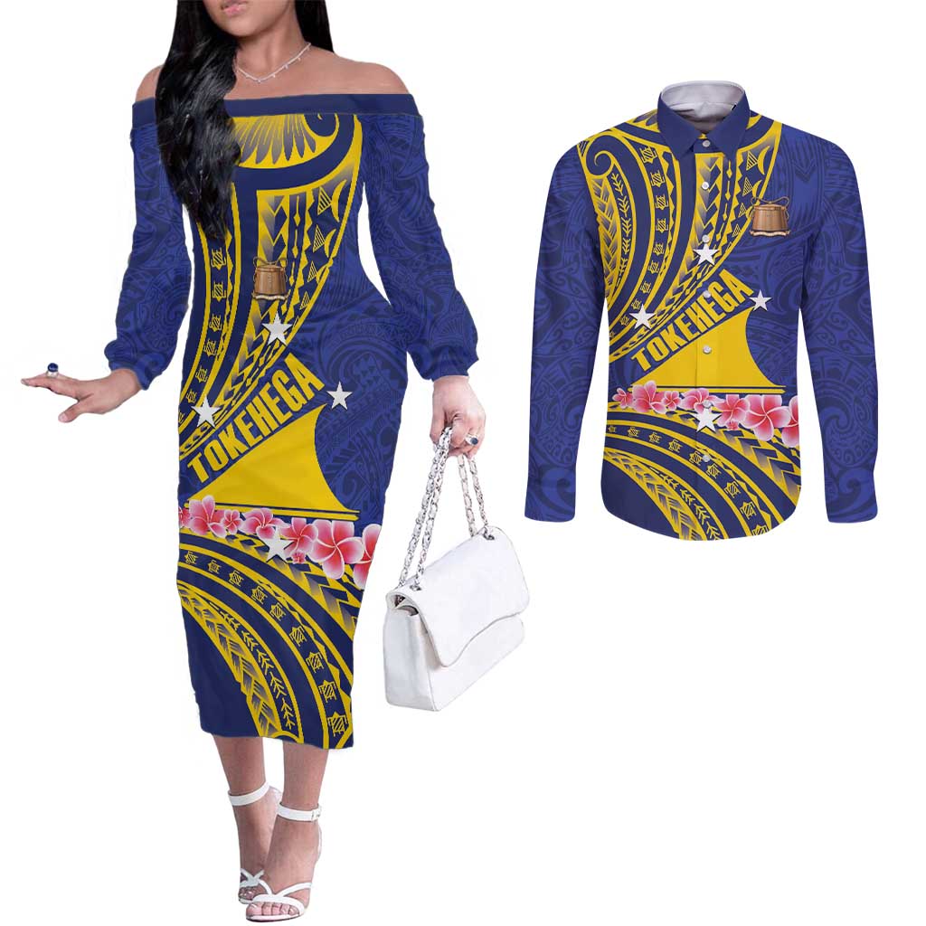 Personalised Tokelau Tokehega Day Couples Matching Off The Shoulder Long Sleeve Dress and Long Sleeve Button Shirt Tokelauan Tatau Flag Color - Polynesian Pride