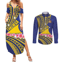 Personalised Tokelau Tokehega Day Couples Matching Summer Maxi Dress and Long Sleeve Button Shirt Tokelauan Tatau Flag Color LT14 Blue - Polynesian Pride
