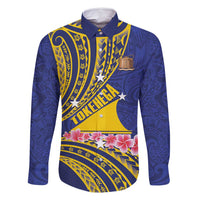 Personalised Tokelau Tokehega Day Family Matching Long Sleeve Bodycon Dress and Hawaiian Shirt Tokelauan Tatau Flag Color LT14 Dad's Shirt - Long Sleeve Blue - Polynesian Pride