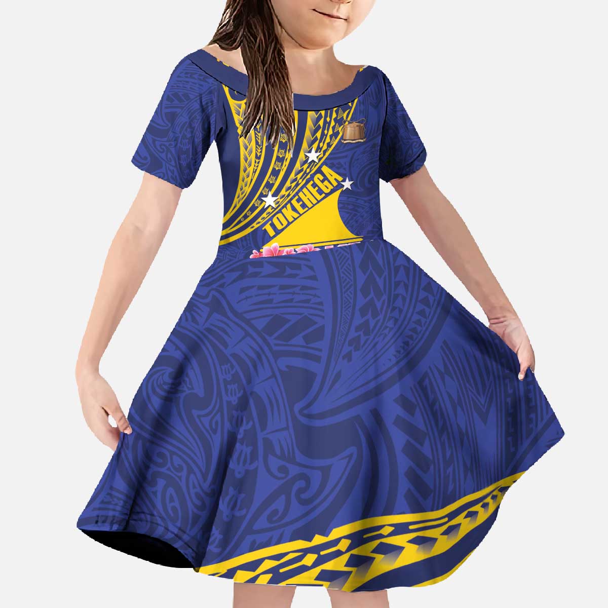 Personalised Tokelau Tokehega Day Family Matching Off The Shoulder Long Sleeve Dress and Hawaiian Shirt Tokelauan Tatau Flag Color - Polynesian Pride