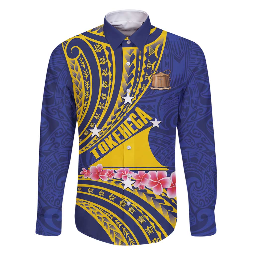 Personalised Tokelau Tokehega Day Family Matching Summer Maxi Dress and Hawaiian Shirt Tokelauan Tatau Flag Color LT14 Dad's Shirt - Long Sleeve Blue - Polynesian Pride
