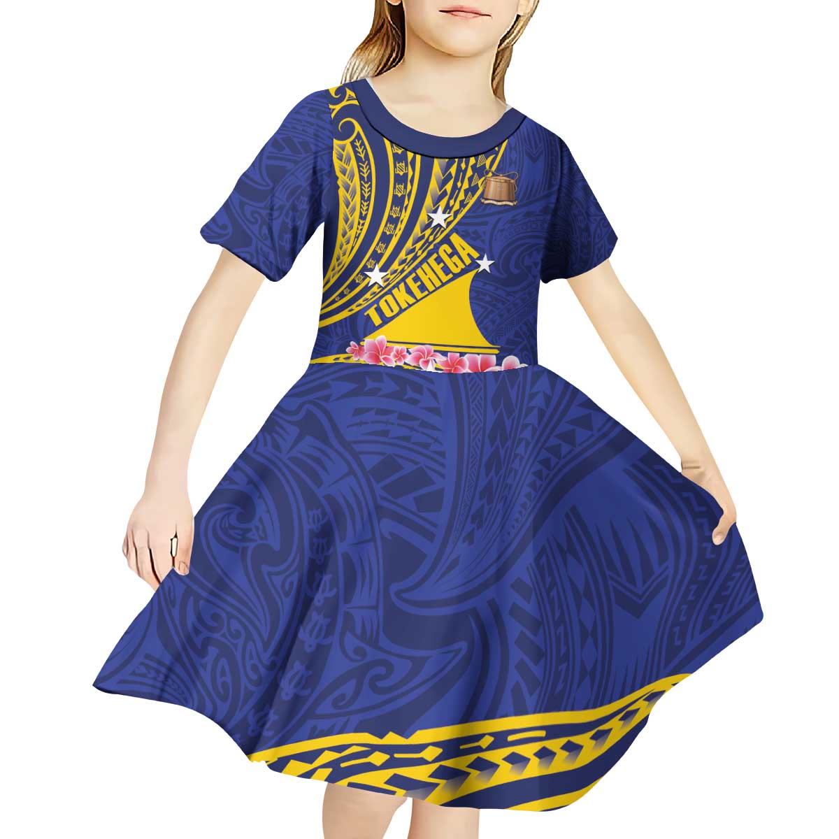 Personalised Tokelau Tokehega Day Kid Short Sleeve Dress Tokelauan Tatau Flag Color - Polynesian Pride