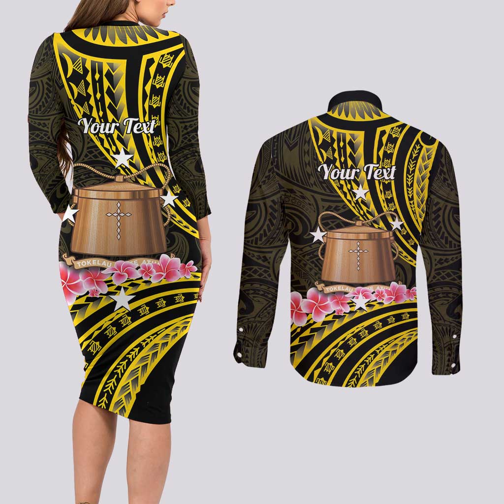 Personalised Tokelau Tokehega Day Couples Matching Long Sleeve Bodycon Dress and Long Sleeve Button Shirt Tokelauan Tatau Black Color LT14 - Polynesian Pride