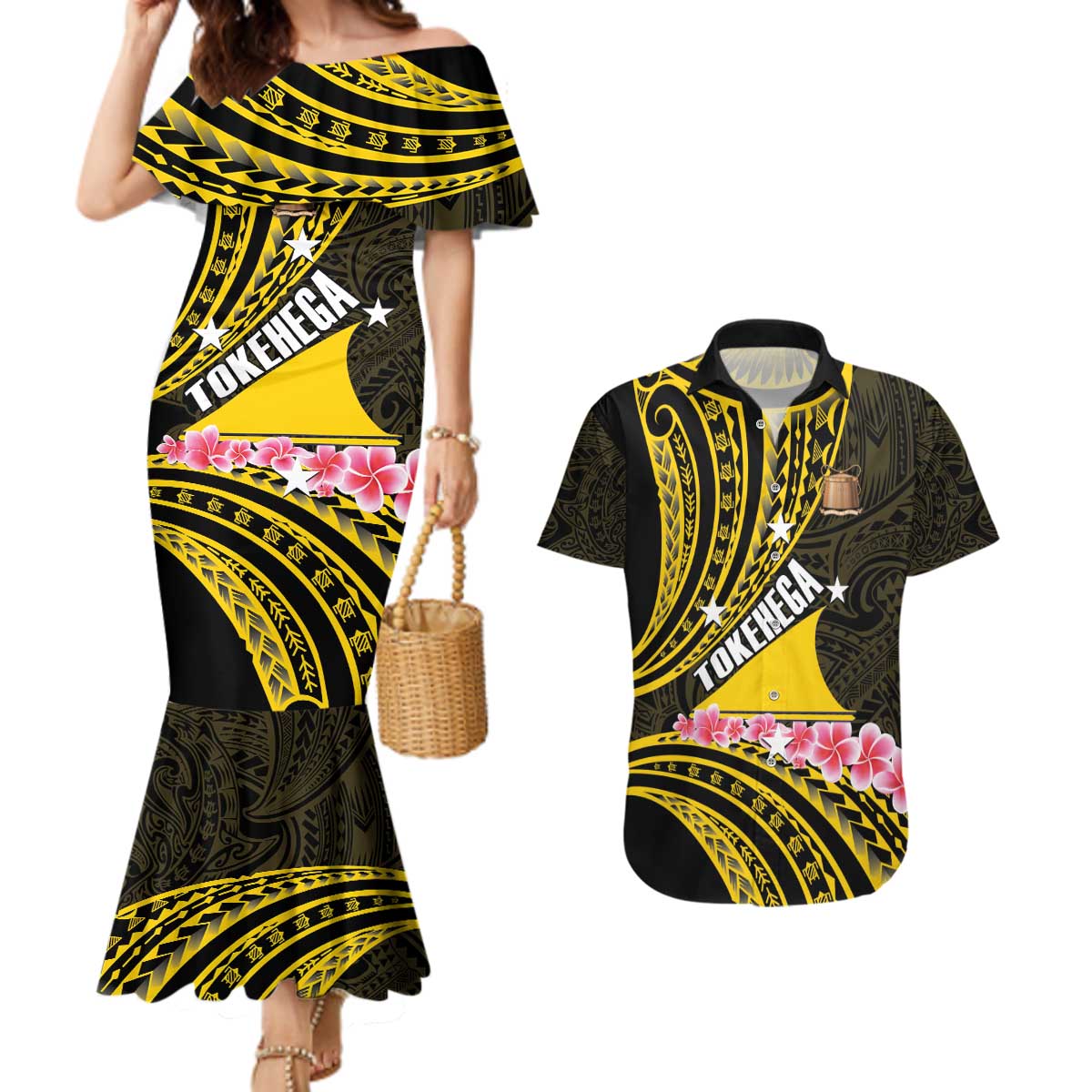 Personalised Tokelau Tokehega Day Couples Matching Mermaid Dress and Hawaiian Shirt Tokelauan Tatau Black Color LT14 Black - Polynesian Pride