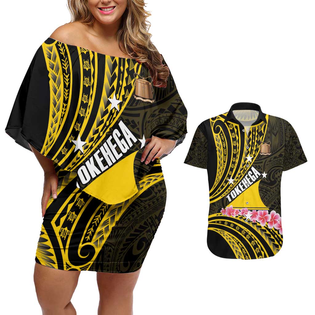 Personalised Tokelau Tokehega Day Couples Matching Off Shoulder Short Dress and Hawaiian Shirt Tokelauan Tatau Black Color LT14 Black - Polynesian Pride