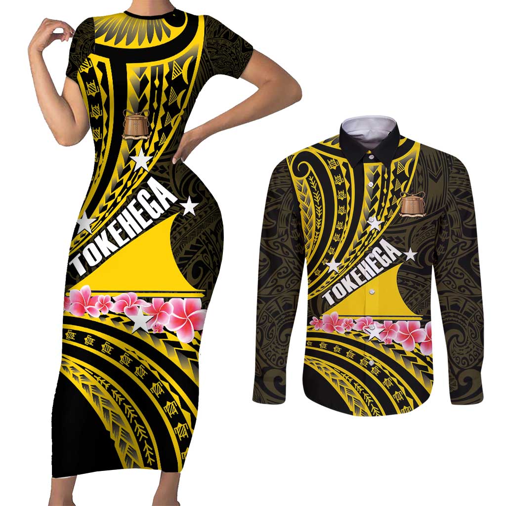 Personalised Tokelau Tokehega Day Couples Matching Short Sleeve Bodycon Dress and Long Sleeve Button Shirt Tokelauan Tatau Black Color LT14 Black - Polynesian Pride