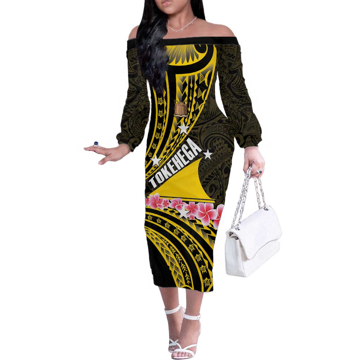 Personalised Tokelau Tokehega Day Family Matching Off The Shoulder Long Sleeve Dress and Hawaiian Shirt Tokelauan Tatau Black Color - Polynesian Pride